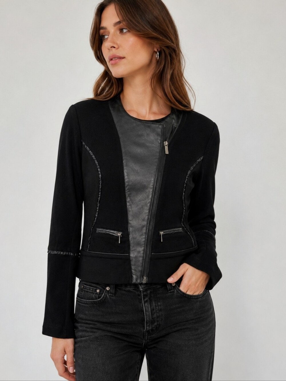 Olsen Wool Vegan Leather Zip Up Jacket Size 2